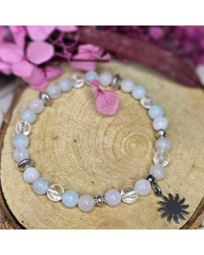 Bracelet UNIQUE Quartz- Cristal de Roche- Aigue Marine 6mm BIJOUX