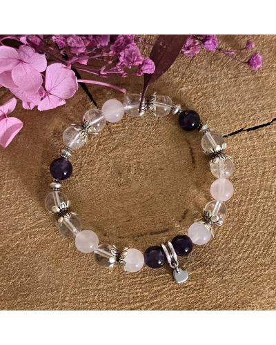 Bracelet UNIQUE Quartz- Cristal de Roche- Améthyste 8mm BIJOUX