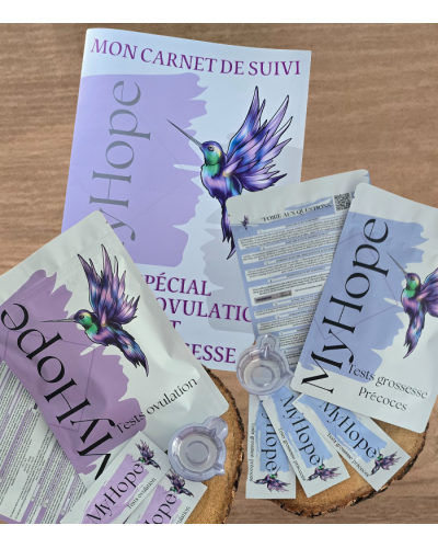 KIT COMPLET  .    50 TESTS D'OVULATION+ 20 GROSSESSES PRECOCES + CARNET SUIVI TESTS OVULATION +30 COUPELLES URINE ACCUEIL