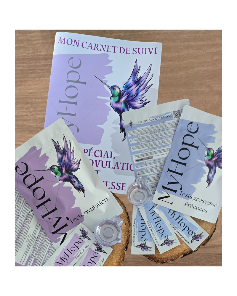 KIT COMPLET  .    50 TESTS D'OVULATION+ 20 GROSSESSES PRECOCES + CARNET SUIVI TESTS OVULATION +30 COUPELLES URINE ACCUEIL