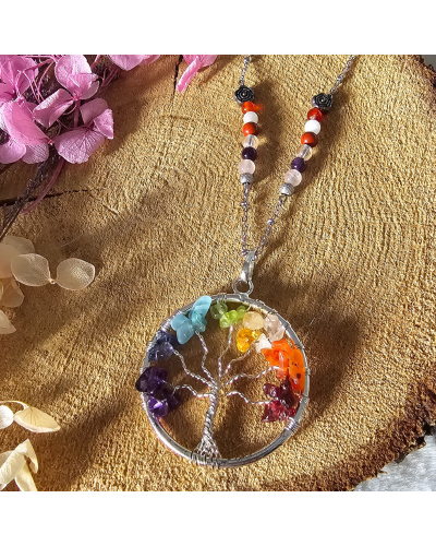 Collier UNIQUE Pierre de Lune -Améthyste-Quartz-Cristal de roche-Jaspe-Cornaline 7 CHAKRAS BIJOUX