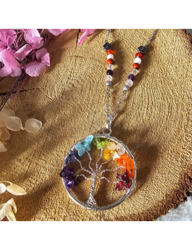 Collier UNIQUE Pierre de Lune -Améthyste-Quartz-Cristal de roche-Jaspe-Cornaline 7 CHAKRAS BIJOUX