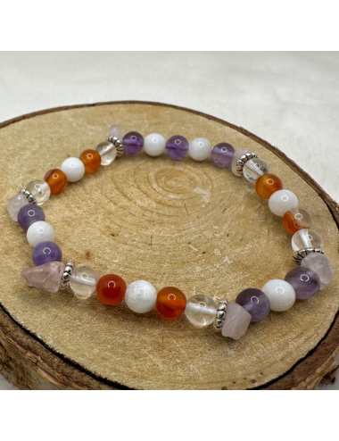 Bracelet UNIQUE Pierre de Lune -Cristal de roche-Quartz- Améthyste-Cornaline BIJOUX