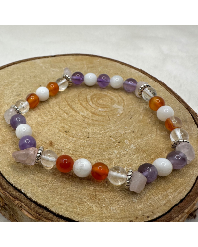 Bracelet UNIQUE Pierre de Lune -Cristal de roche-Quartz- Améthyste-Cornaline BIJOUX
