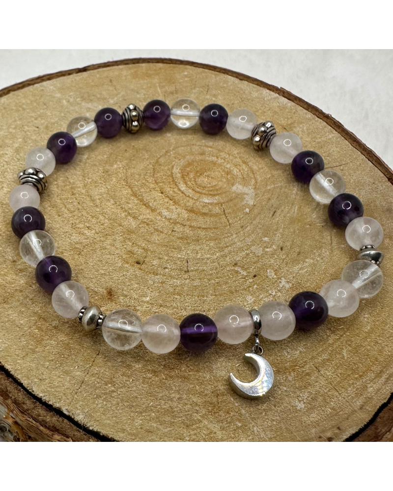 Bracelet UNIQUE Améthyste-Cristal de Roche-Quartz BIJOUX