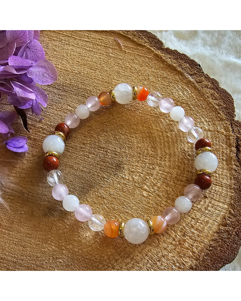 Bracelet UNIQUE Pierre de Lune – Cristal – Jaspe – Cornaline – Quartz Rose  Amour & Stabilité Émotionnelle