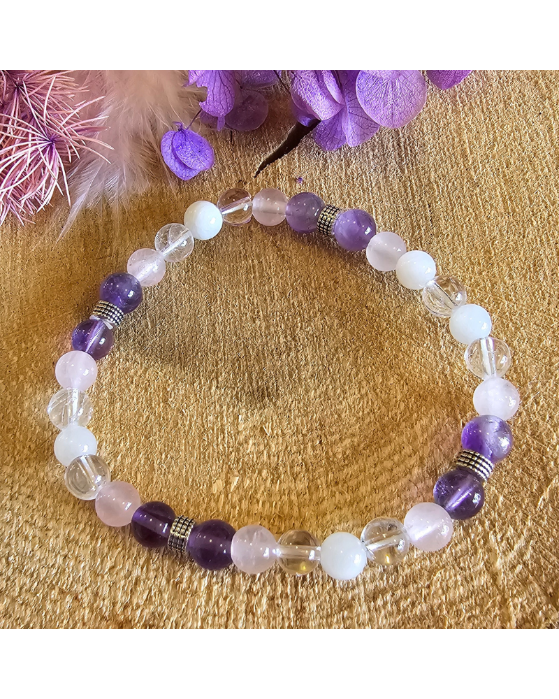 Bracelet UNIQUE Pierre de Lune-Améthyste – Cristal de Roche – Quartz Rose