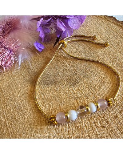 Bracelet UNIQUE Pierre de Lune– Cristal de Roche – Quartz Rose