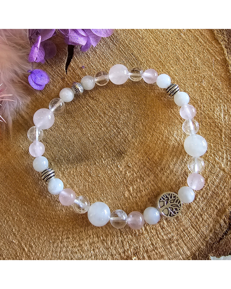 Bracelet UNIQUE Pierre de Lune– Cristal de Roche – Quartz Rose