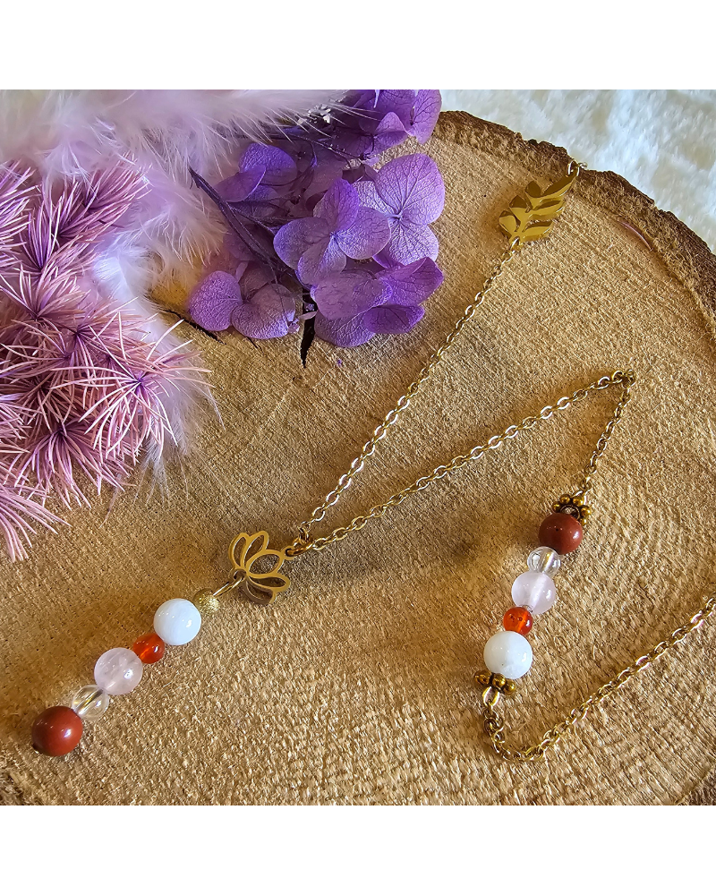 🌸 Collier UNIQUE Pierre de Lune – Cornaline – Jaspe Rouge – Quartz Rose – Cristal de Roche