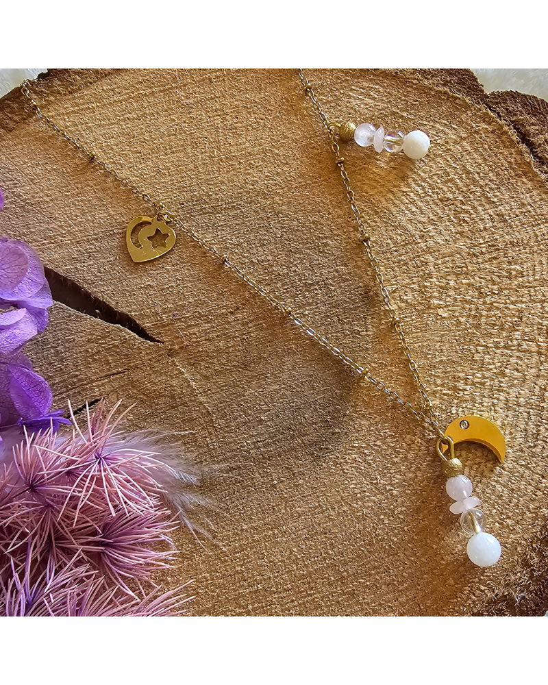 🌸 Collier UNIQUE Pierre de Lune – Quartz Rose – Cristal de Roche