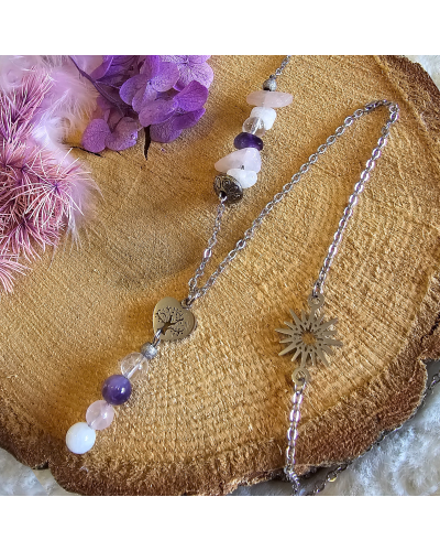 🌸 Collier UNIQUE Pierre de Lune – Quartz Rose – Cristal de Roche-Améthyste