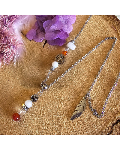 🌸 Collier UNIQUE Pierre de Lune – Cornaline – Cristal de Roche