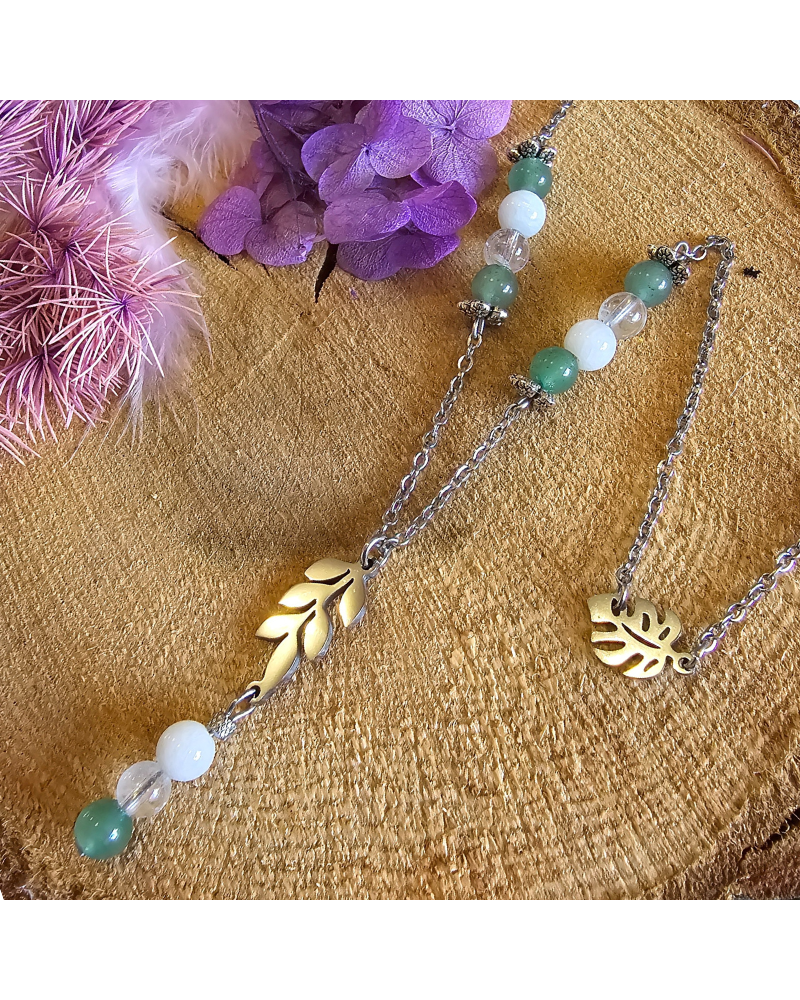 🌸 Collier UNIQUE Aventurine Verte – Pierre de Lune – Cristal de Roche