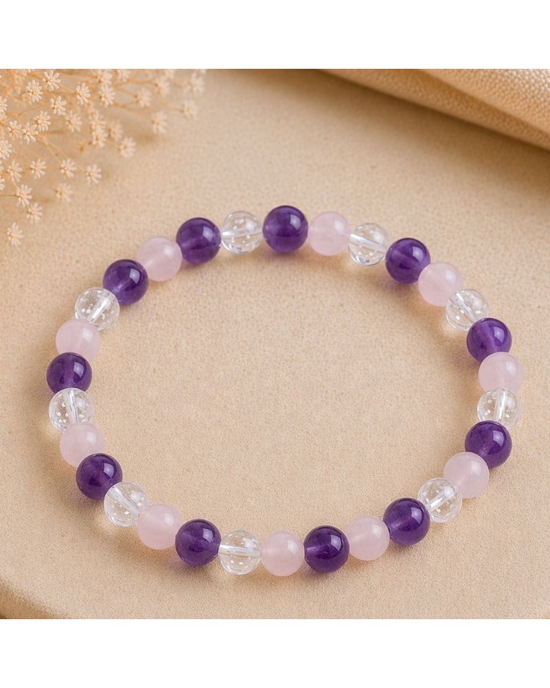 Bracelet Améthyste Quartz Rose Cristal de Roche – Lithothérapie & Équilibre des Chakras