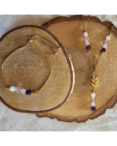🌸 Collier UNIQUE Pierre de Lune – Quartz Rose – Cristal de Roche-Améthyste
