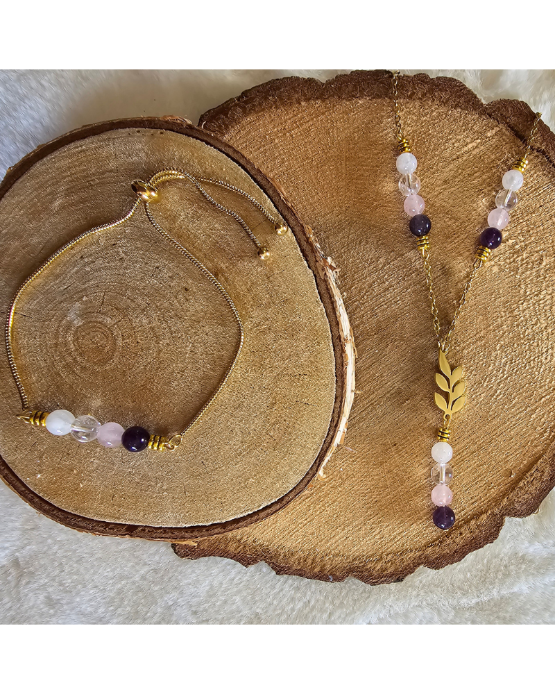 🌸 Collier UNIQUE Pierre de Lune – Quartz Rose – Cristal de Roche-Améthyste