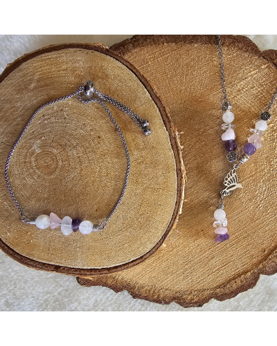 🌸 Collier UNIQUE Pierre de Lune – Quartz Rose – Cristal de Roche-Améthyste