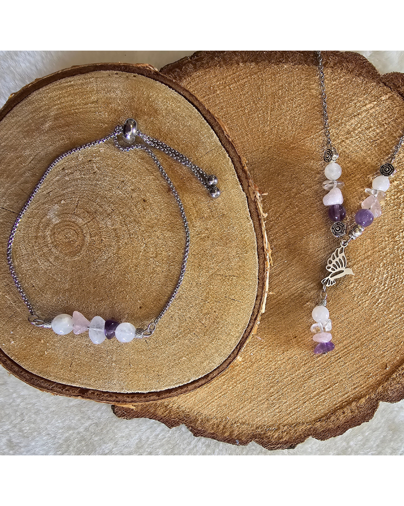 🌸 Collier UNIQUE Pierre de Lune – Quartz Rose – Cristal de Roche-Améthyste
