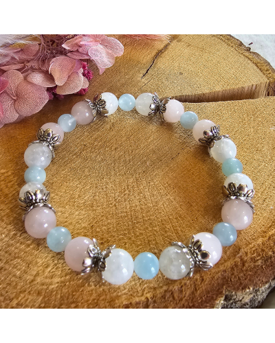 Bracelet UNIQUE Pierre de Lune– Aigue marine – Quartz Rose
