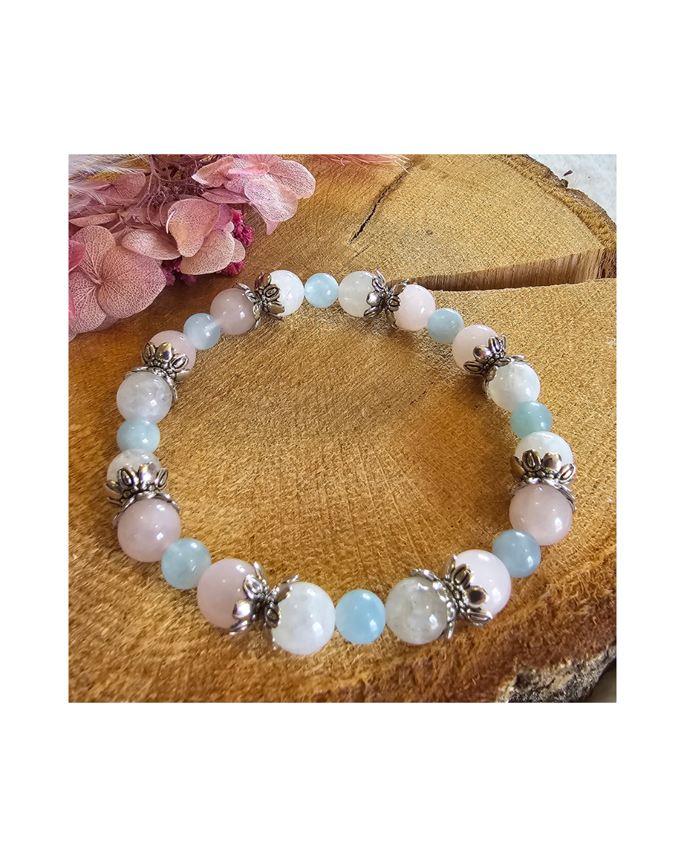 Bracelet UNIQUE Pierre de Lune– Aigue marine – Quartz Rose