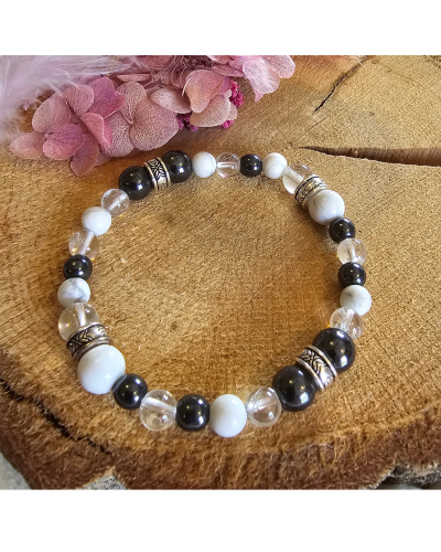 Bracelet UNIQUE Hématite– Howlite – Cristal de roche