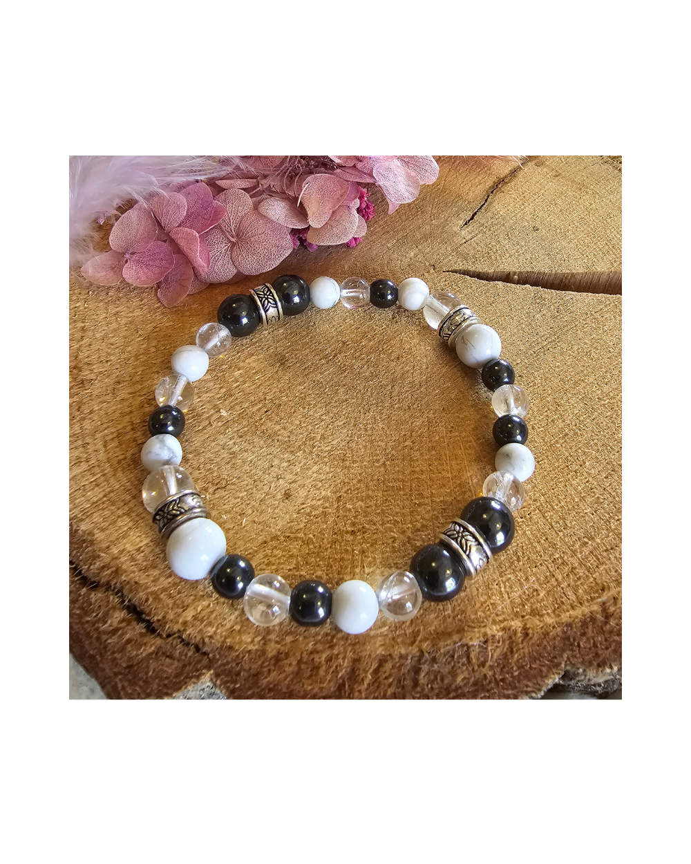 Bracelet UNIQUE Hématite– Howlite – Cristal de roche