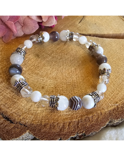 Bracelet UNIQUE  Agate du Botswana – Pierre de Lune – Howlite – Cristal de Roche