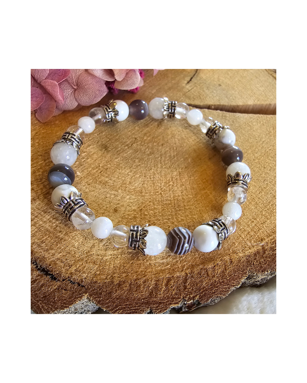 Bracelet UNIQUE  Agate du Botswana – Pierre de Lune – Howlite – Cristal de Roche