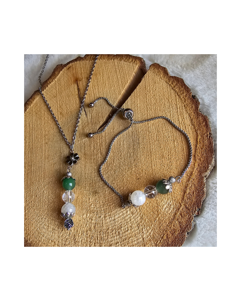 🌿 Parure UNIQUE Aventurine – Pierre de Lune – Cristal de Roche