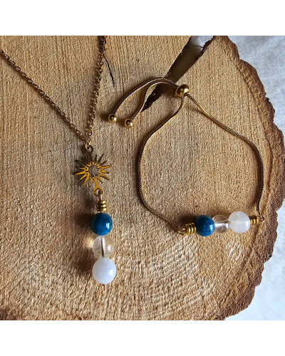 Parure UNIQUE Apatite – Pierre de Lune – Cristal de Roche