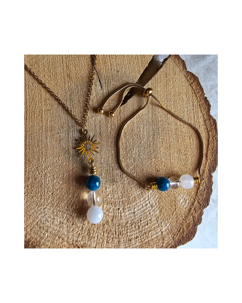 Parure UNIQUE Apatite – Pierre de Lune – Cristal de Roche