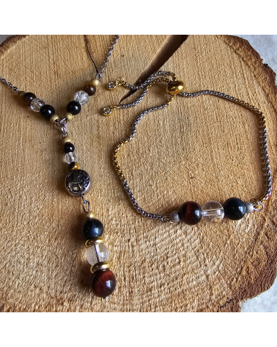 Parure UNIQUE Œil de Tigre – Œil de Taureau – Tourmaline