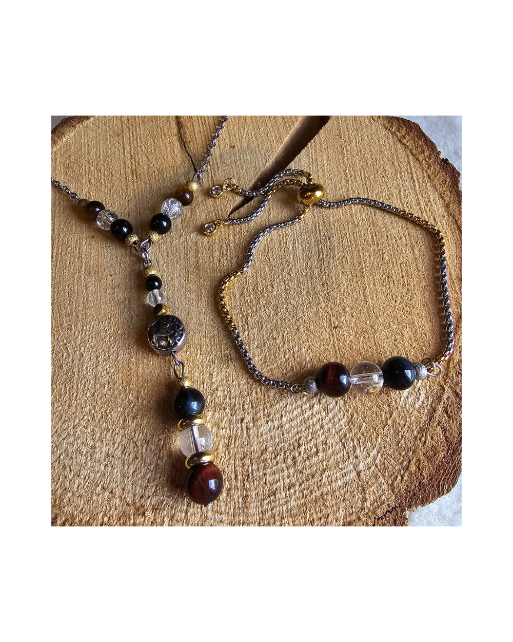 Parure UNIQUE Œil de Tigre – Œil de Taureau – Tourmaline